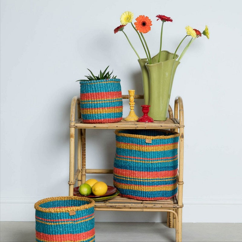 KAMATA:Teal, Gold & Red Stripe Woven Storage Basket