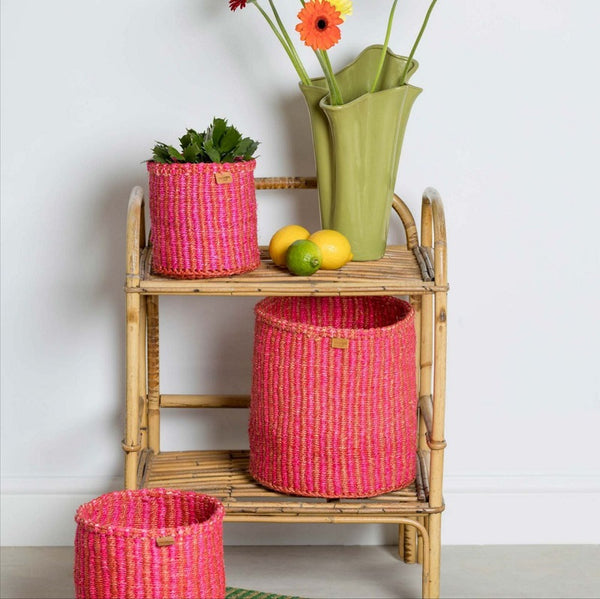 KIWANDA:Red & Pink Pinstripe Woven Storage Basket