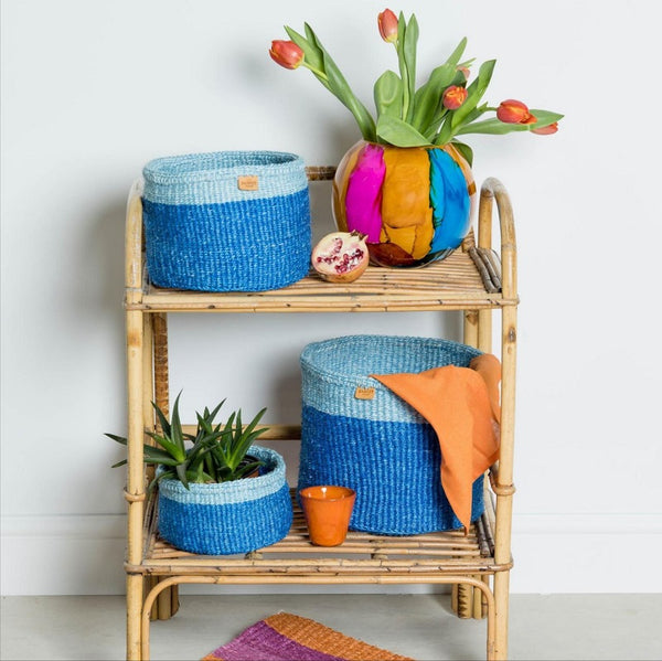 TOFAUTI:Two Blue Duo Colour Block Woven Basket