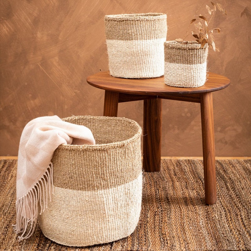 CHAMA:Khaki & White Colour Block Storage Basket