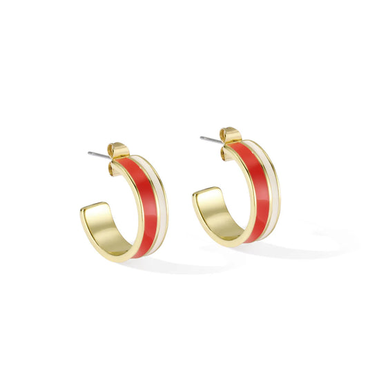 VAPORETTO - Small bicolor lacquer thin hoop earrings in gilded brass. Color : Tangerine Orange / Sand White