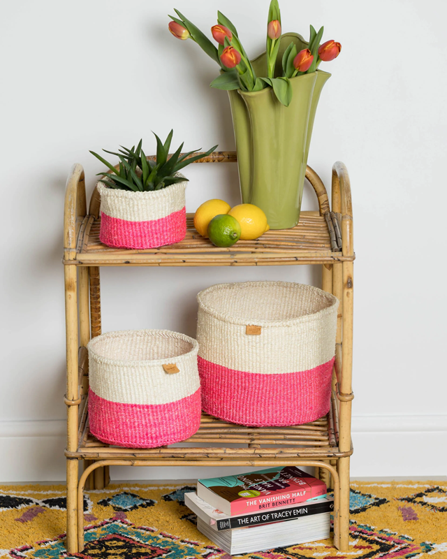 HOJI: Hot Pink Colour Block Woven Basket