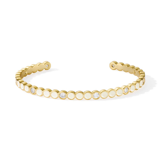 LUMI - Adjustable thin bangle in gilded brass. enamel & cubic zirconiums. Color : Sand White