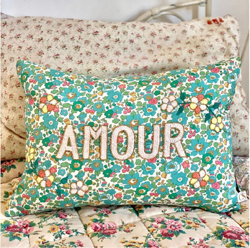 Embroidered cushion AMOUR Turquoise