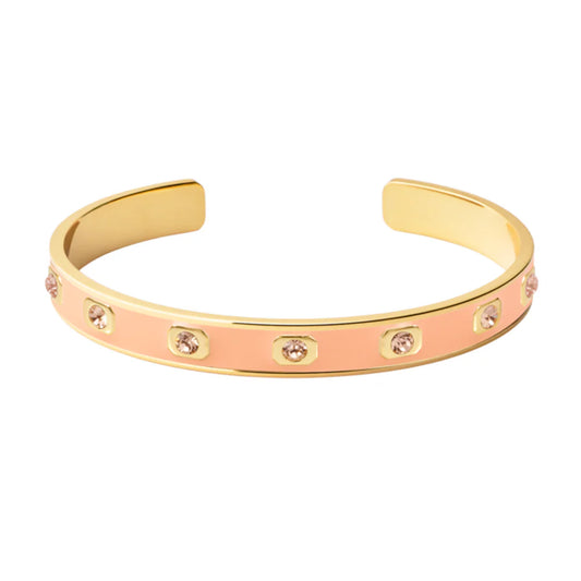 GEM - Adjustable lacquered bangle in gilded brass with cristal strass. Color : Coral Orange