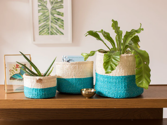 LAZIMA: Turquoise Colour Block Woven Basket M
