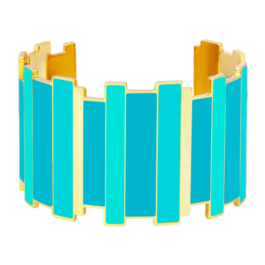 INES MULTICO - Adjustable cuff in gilded brass with colored enamel sticks. Color : Turquoise Blue