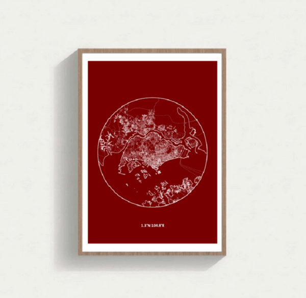 Lunar Map of Singapore Rosewood with Black/White Frame