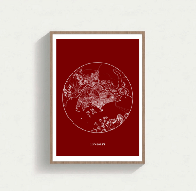 Lunar Map of Singapore Rosewood with Black/White Frame